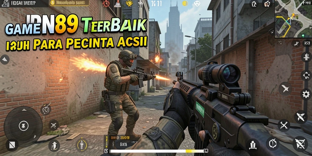 Tampilan gameplay IDN89 menunjukkan aksi tembak-menembak yang intens di medan perang.