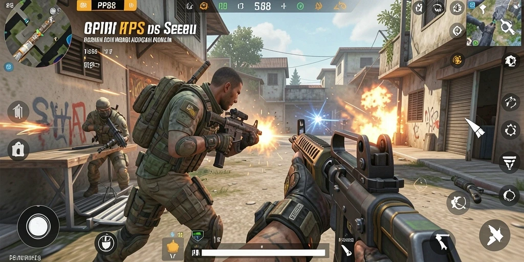 Tangkapan layar utama menampilkan aksi gameplay FPS yang mendebarkan.